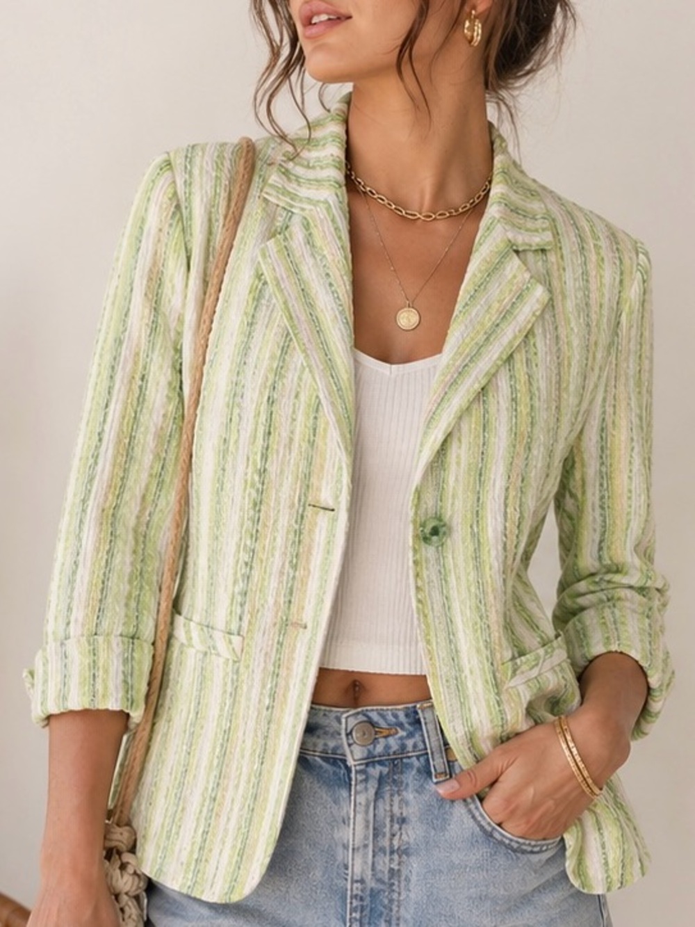 Star City Vintage Y2K Green Seersucker Stripe Blazer Jacket Size M (Fits S)